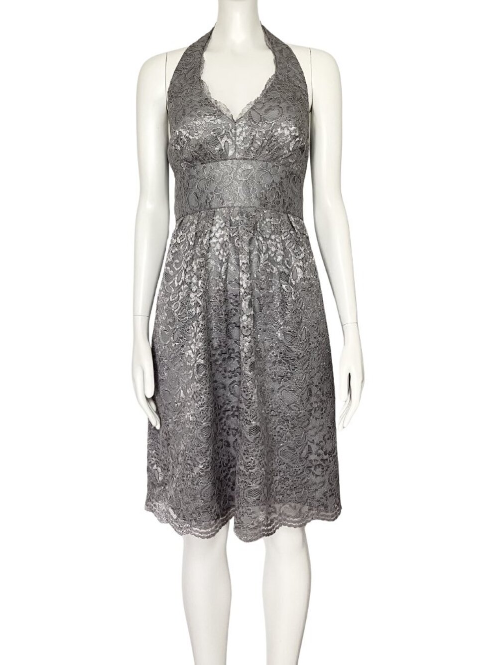 NWT David’s Bridal Gray Silver Lace Halter Dress Sz 10 Bridesmaid Metallic Short